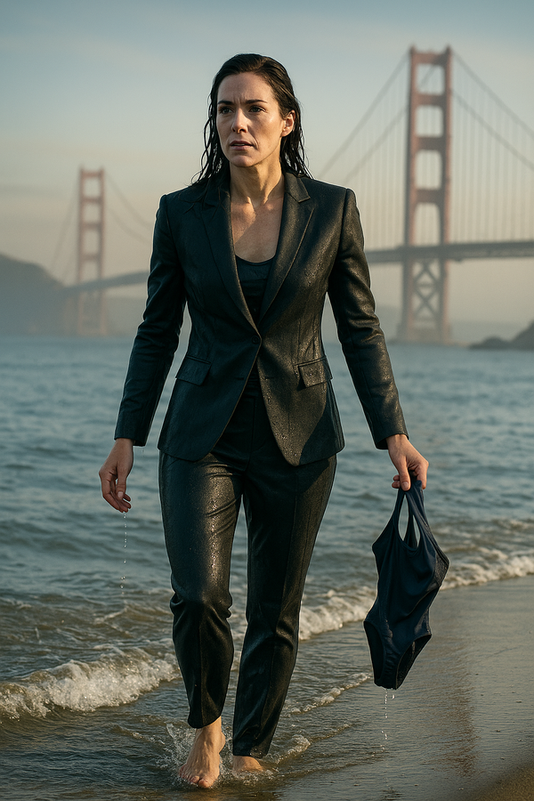 a woman emerging from a swim in the sf bay holding a swimsui