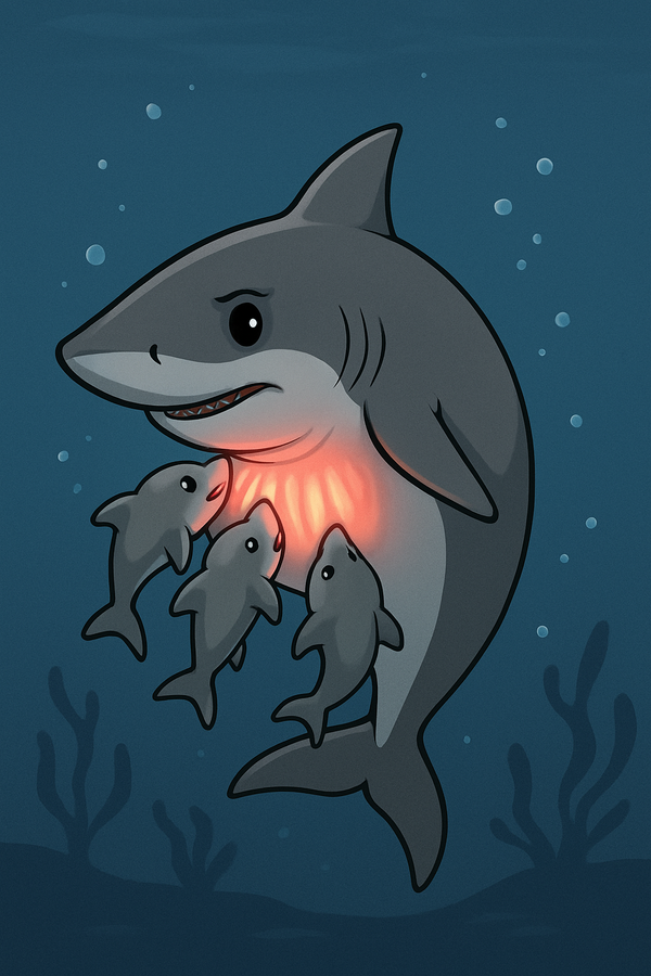 vector art illustration of a shark with glowing bosom breastfeeding three baby sharks
